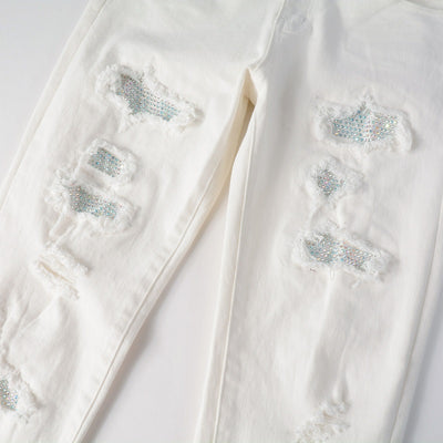 Pantalones Slim Fit Blancos con Detalles de Perforaciones para Hombre - Image 4