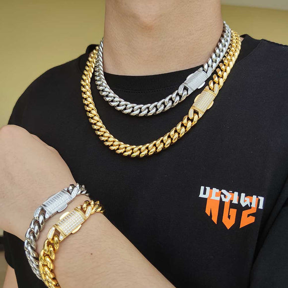 Collar y Pulsera Hip Hop Acero Inoxidable con Cierre de Resorte 12mm