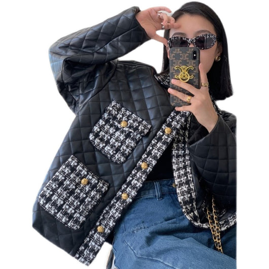 Chaqueta de Tweed Acolchada con Cuadros Diamante y Detalles en Cuero PU - Image 7