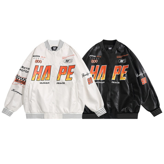 Chaqueta de Cuero PU para Motociclista con Costuras y Estampado