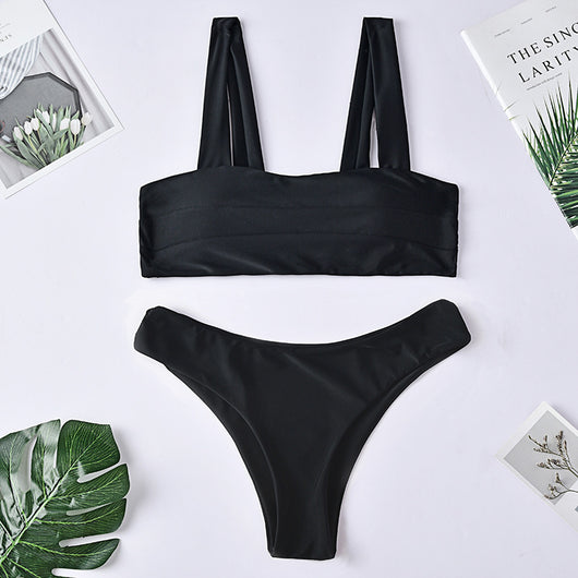 Dark green two-piece swimsuit with a bandeau top featuring horizontal ruching and high-cut bikini bottoms. - Image 20