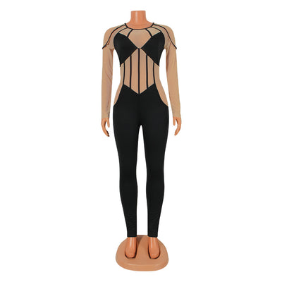 Jumpsuit Transparente con Malla y Combinación de Colores de Manga Larga - Image 16