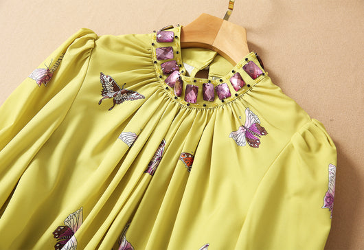 Conjunto Elegante: Blusa con Cuello de Pie y Cuentas + Pantalón Recto Estampado de Cintura Alta - Image 6