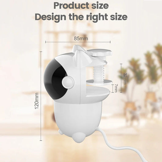 White cat-shaped intelligent laser toy with a black visor and a colorful feather wand attachment for pets. - Image 8
