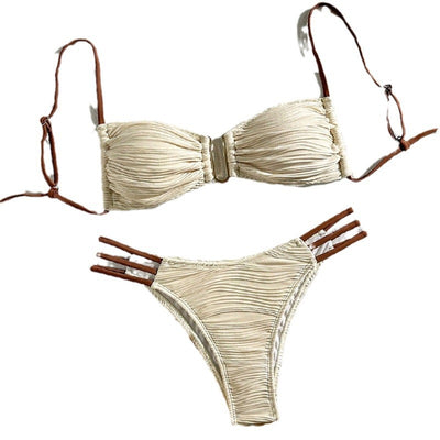 Neon green textured two-piece swimsuit with a bandeau top and high-cut bottom, featuring black straps and a gold clasp. - Image 9