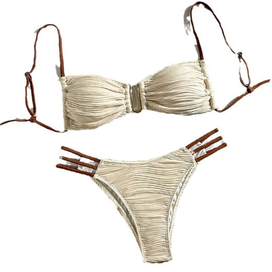 Neon green textured two-piece swimsuit with a bandeau top and high-cut bottom, featuring black straps and a gold clasp. - Image 9