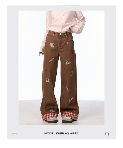 Jeans de Pierna Ancha Cintura Alta con Bordado de Moño Vintage - Image 10