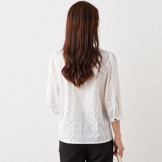 Blusa Ejecutiva de Encaje Tres Cuartos Blanco Talla S - Image 3