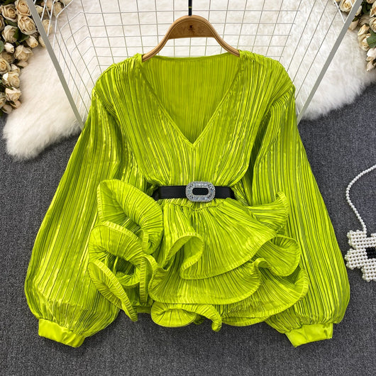 Blusa Suelta con Cuello V, Mangas Largas y Volantes en Bajo - Image 14