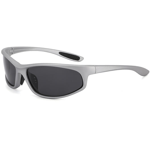 Black sports sunglasses with dark gray lenses and a matte finish, featuring a wrap-around frame style. - Image 2