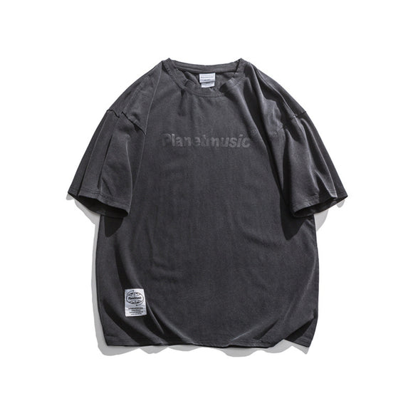 Camiseta Hombre Estilo Retro Japonés con Hombros Caídos y Estampado de Letras