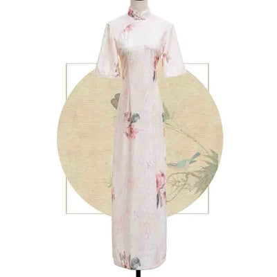 Vestido Cheongsam Disco con Bordado Floral Durazno y Beige - Image 6