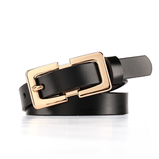 Thin dark brown cowhide leather belt with a gold-colored rectangular pin buckle on a white background.