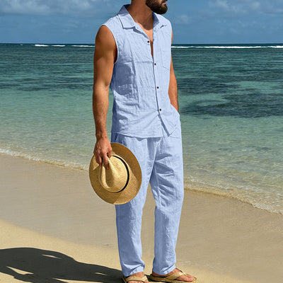 Conjunto de Lino Holgado para Hombre: Camisa sin Mangas y Pantalón Recto - Image 36