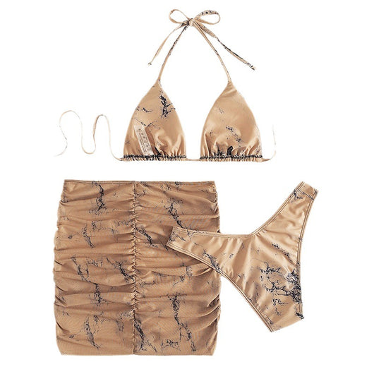 White and black marble print three-piece bikini set with a halter top and ruched mini skirt. - Image 12