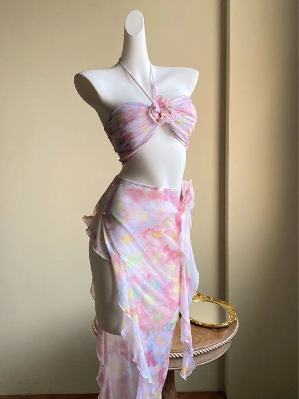 Traje de Baño Bikini Tres Piezas con Falda Floral Dividida para Mujer