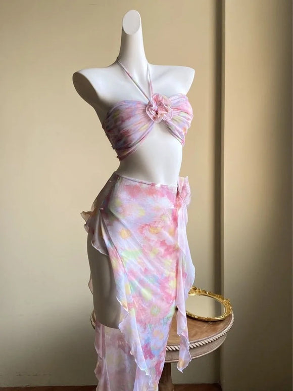 Traje de Baño Bikini Tres Piezas con Falda Floral Dividida para Mujer