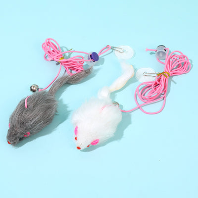 Two plush mouse cat toys, one gray and one white, with pink elastic ropes, bells, and suction cups. - Image 4
