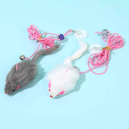 Two plush mouse cat toys, one gray and one white, with pink elastic ropes, bells, and suction cups. - Image 4