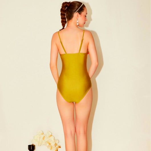 Chartreuse one-piece swimsuit with hot pink floral bust and matching mini skirt with side floral appliques. - Image 17