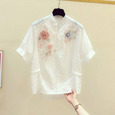 Blusa de Algodón con Cuello Bordado Floral Retro para Mujer