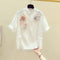 Blusa de Algodón con Cuello Bordado Floral Retro para Mujer