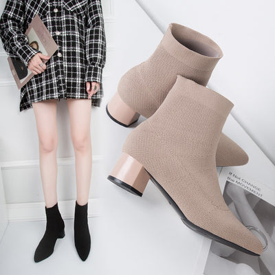 Botas Elásticas Mujer Tacón Medio Punta Aguda Tejido - Image 12
