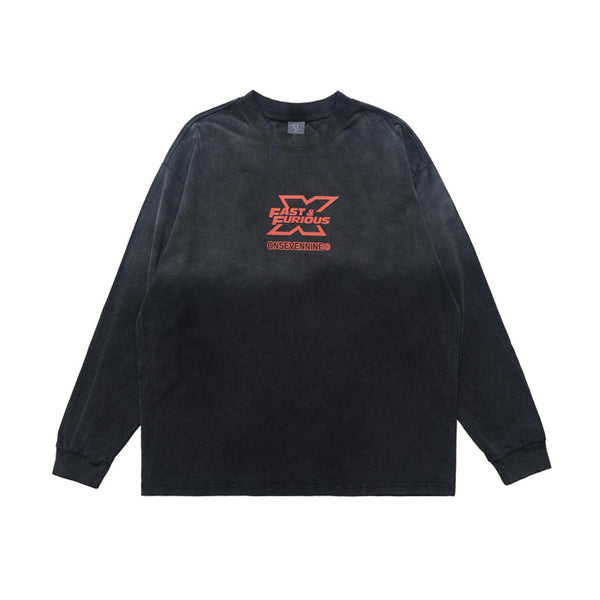 Camiseta Estampada Motociclista Manga Larga Teñida al Lavado