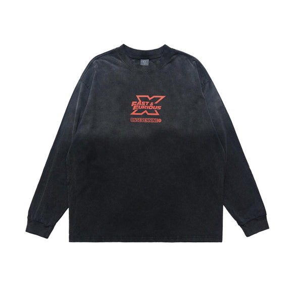Camiseta Estampada Motociclista Manga Larga Teñida al Lavado