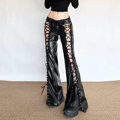 Pantalones de Cuero PU Ajustados con Detalles Calados y Cordones - Image 8