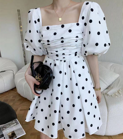 Vestido Otoñal con Mangas Abullonadas, Cuadros y Lunares, Cintura Alta - Image 9