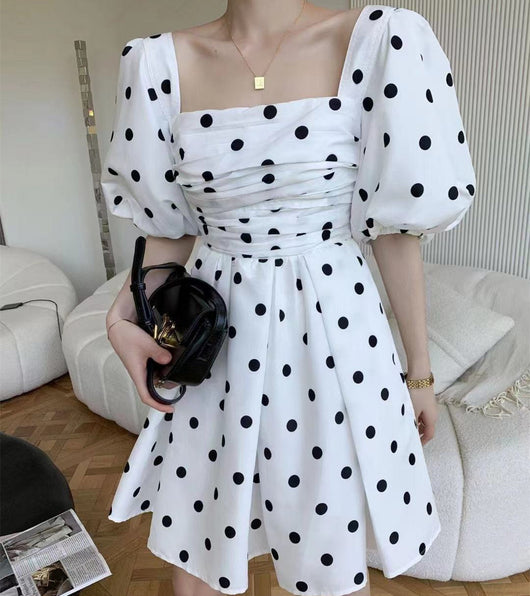 Vestido Otoñal con Mangas Abullonadas, Cuadros y Lunares, Cintura Alta - Image 9