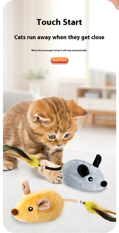Gray plush electric mouse cat toy with black ears and eyes, featuring a yellow and green feather tail with a bell. Includes a USB charging cable and gift box. - Image 13