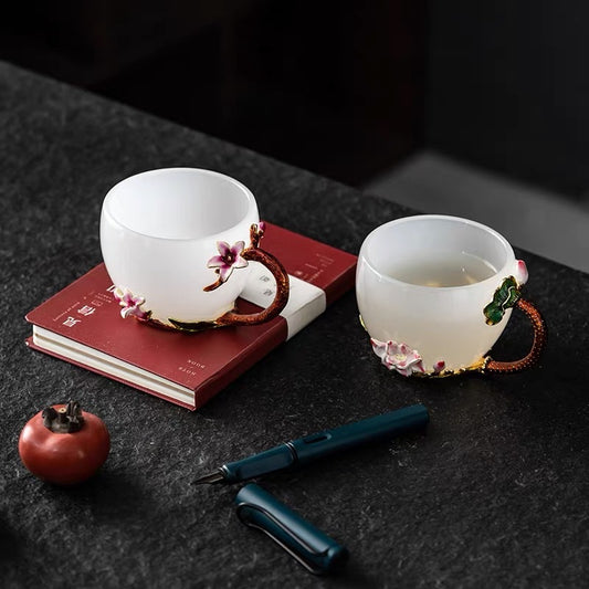 Taza de Té Jade Porcelana Blanca con Esmalte Colorido