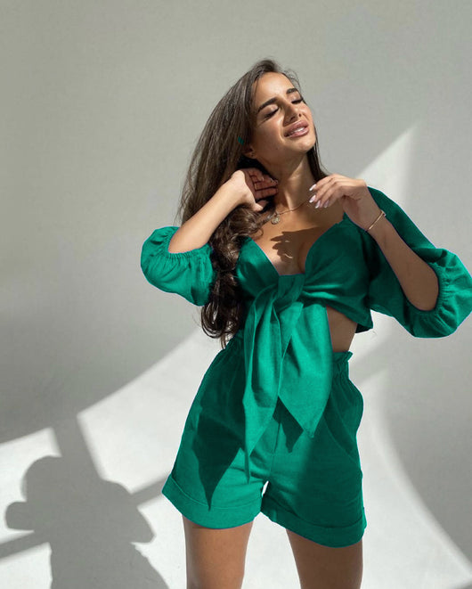 Conjunto Casual Mujer: Cardigan Lanterna Manga Ancha + Short Wide Leg con Bolsillos - Image 17