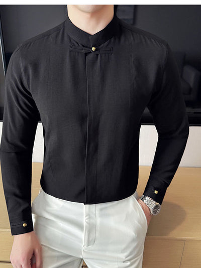 Camisa Manga Larga Cuello Mao Hombre - Diseño Liso Versátil - Image 13