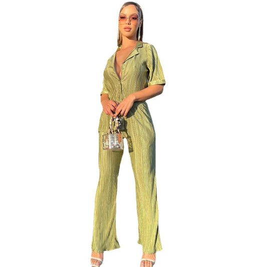 Conjunto Casual: Blusa Verde Manga Corta + Pantalón Plisado Talle Alto - Image 2