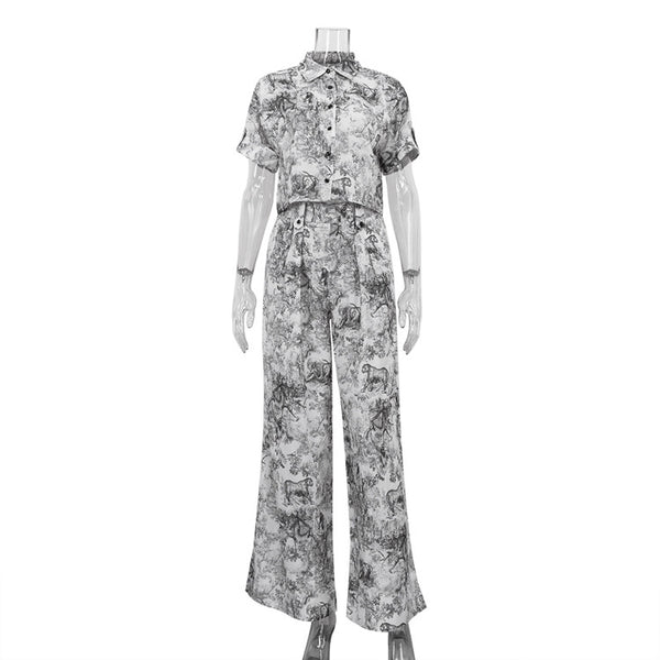 Conjunto de Dos Piezas: Camisa Estampada con Pintura China y Pantalón Ancho Cintura Alta - Image 7