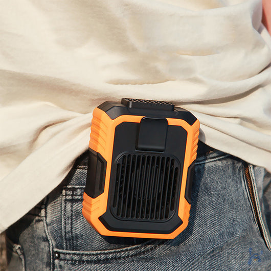 Green and black portable rechargeable mini fan with a clip, shown with a neck lanyard and fast charging cable. - Image 10