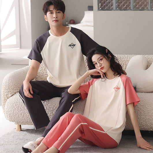 Matching red cotton couple pajamas with short sleeves, long pants, gold piping, and "Love you Dnaw" embroidery. - Image 6