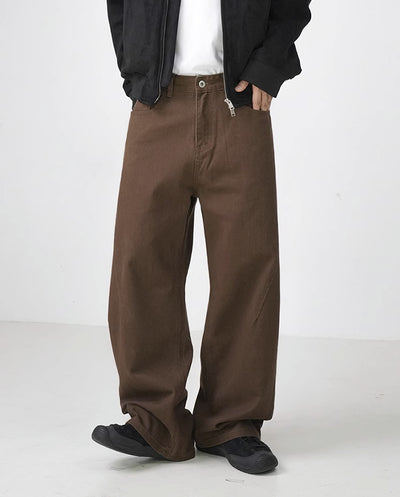 Pantalones Rectos de Algodón Lavado Estilo Retro en Marrón - Image 3