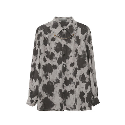 Blusa Manga Larga Estampado Leopardo Bloques de Color Negro Gris Botones Cadena Mujer - Image 8