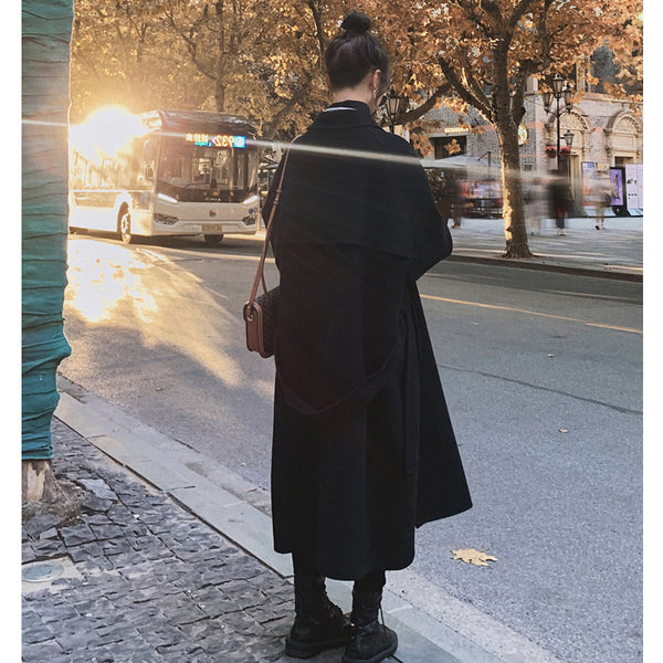 Abrigo de Lana Gruesa Negro Elegante para Mujer