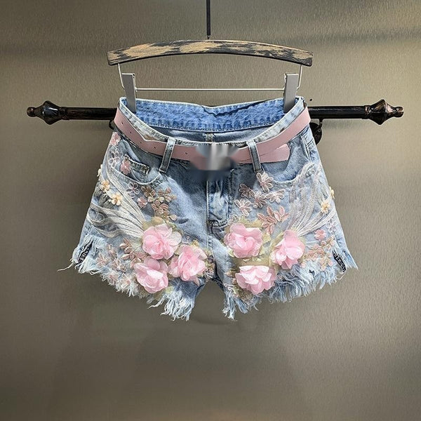 Shorts de Mezclilla Rectos con Bordados y Perlas para Mujer