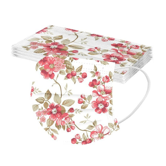Stack of disposable facial masks with a watercolor floral pattern of red, pink, and orange roses and green leaves. - Image 24