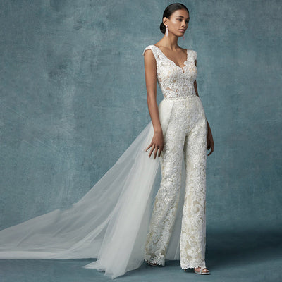 Traje de Encaje Bordado Elegante - Conjunto de Dos Piezas para Novia Moderna