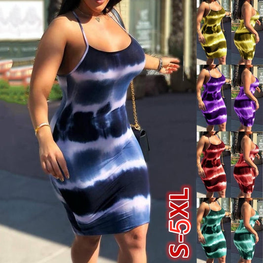 Vestido de Tirantes con Cuello Redondo y Estampado Tie-Dye