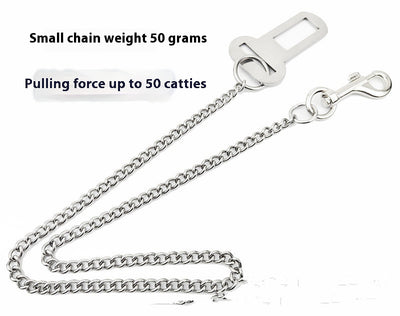 Stainless steel pet safety chain with a swivel snap hook and a seatbelt buckle attachment on a white background. - Image 3