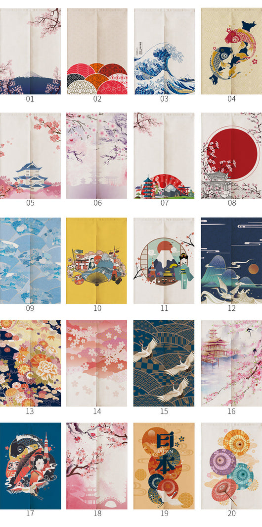 Japanese style noren door curtain with two red and blue Ukiyo-e koi fish on a cream wave pattern background. - Image 26