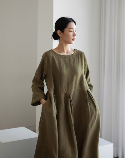 Vestido Lino Suelto Talla Grande - Blusa Larga Estilo Estudiante Cuello Redondo - Image 17